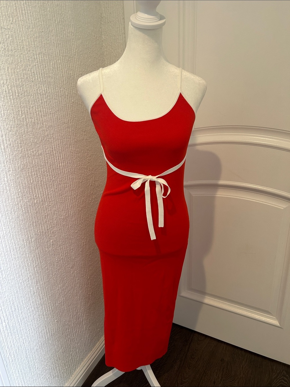 Amanda Uprichard Red Midi Dress with White Waist Tie